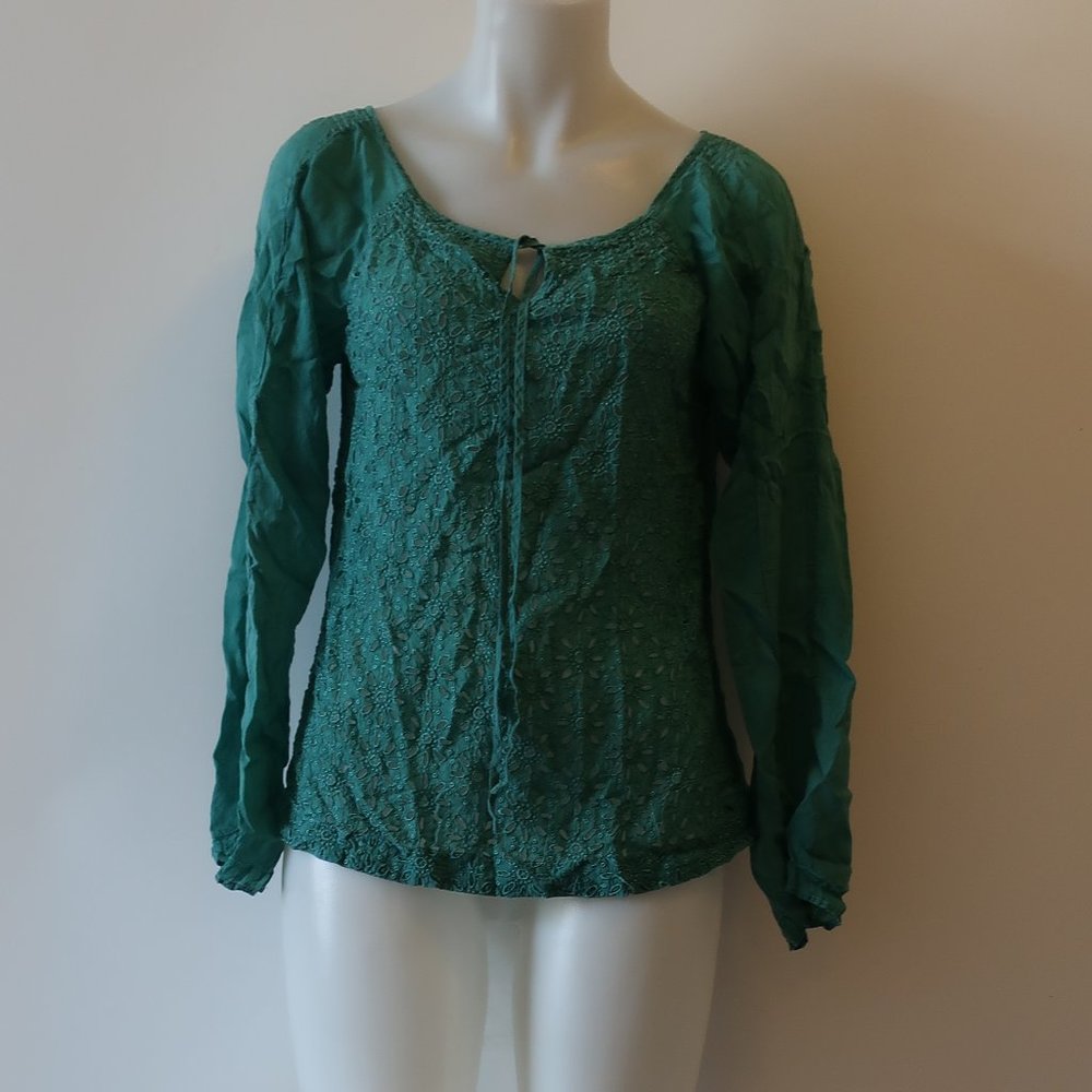JOHNNY WAS TEAL LONG SLEEVE PEASANT TOP SZ S *